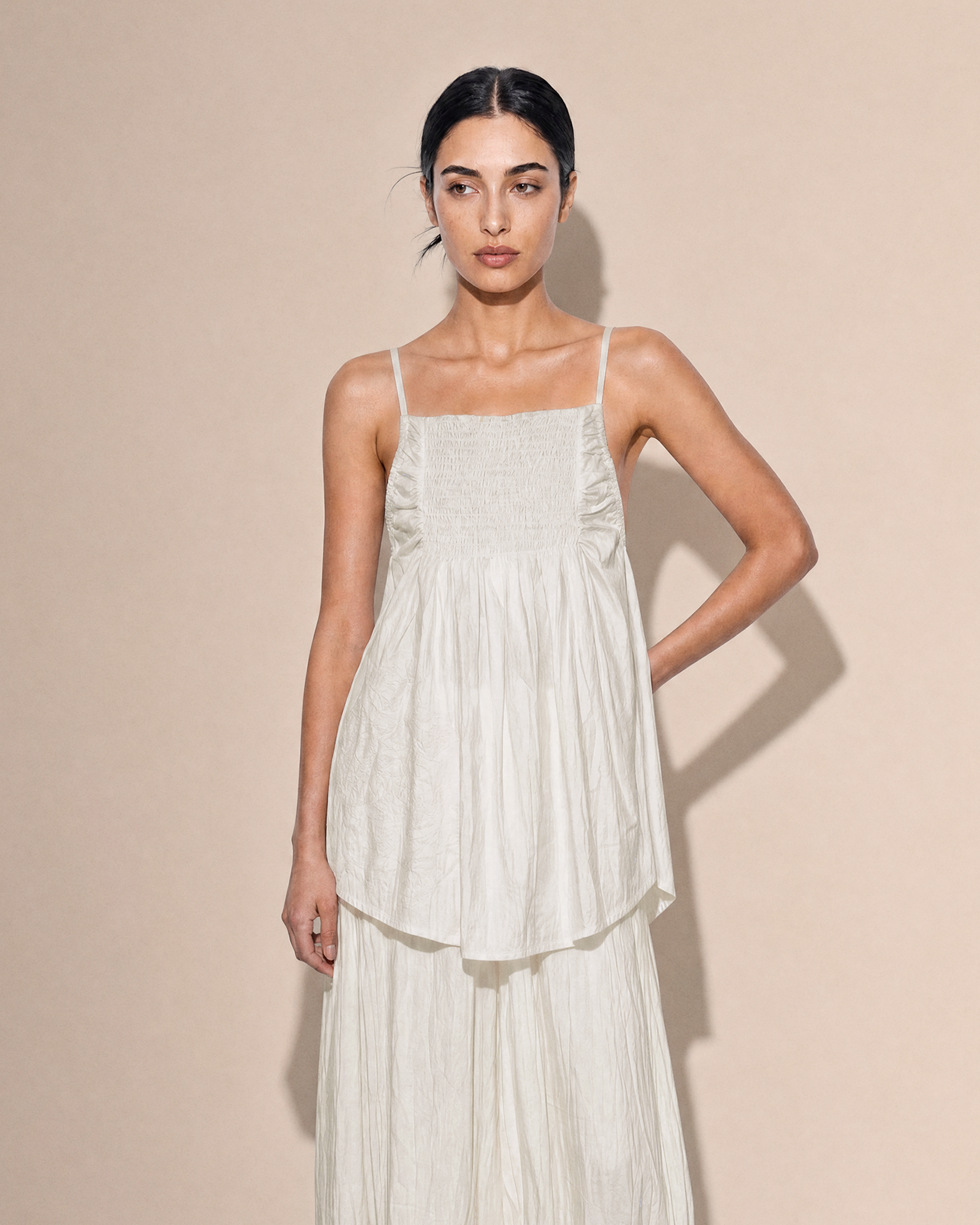 CRINKLE EMBROIDERED FLARE CAMI