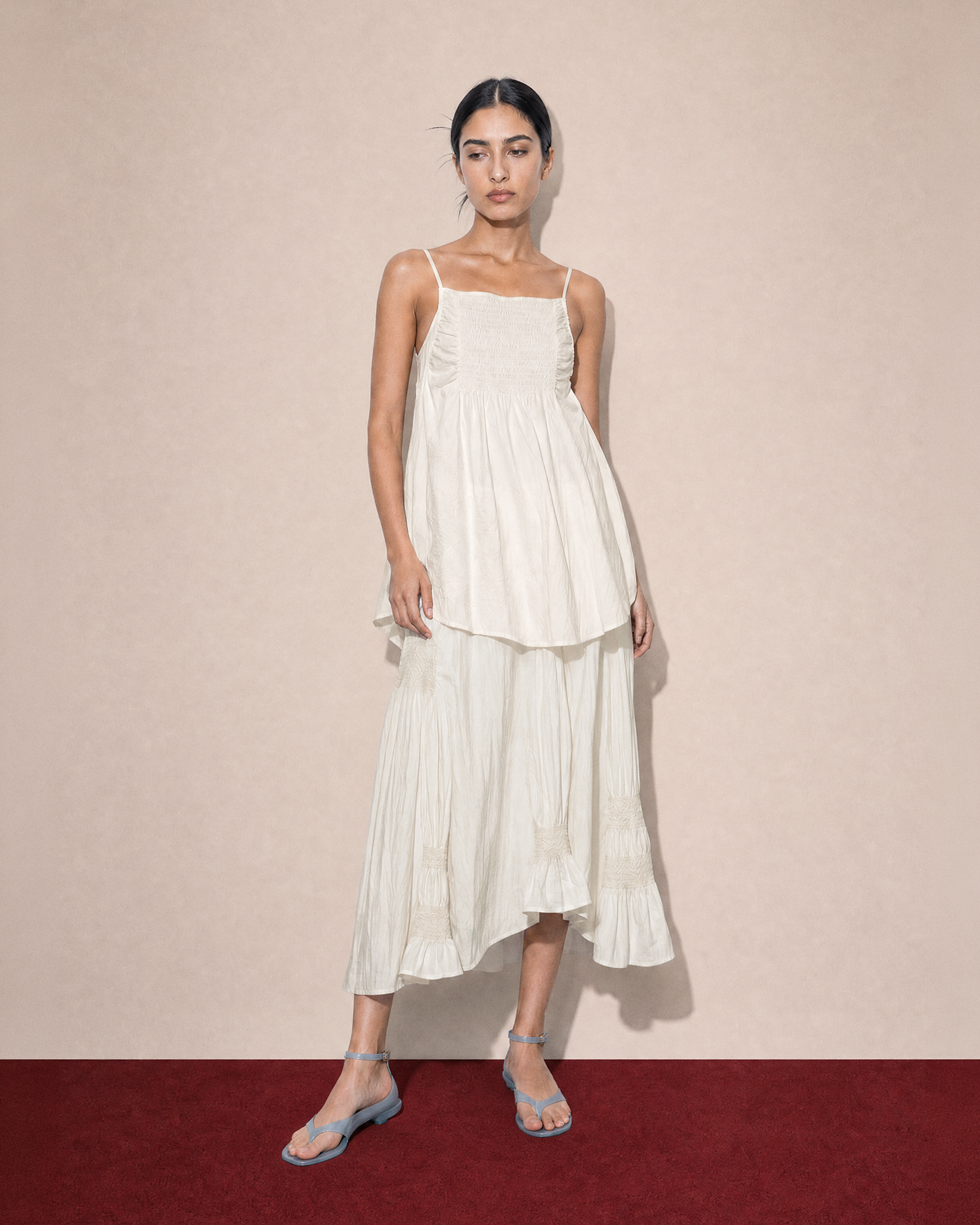 CRINKLE EMBROIDERED FLARE CAMI