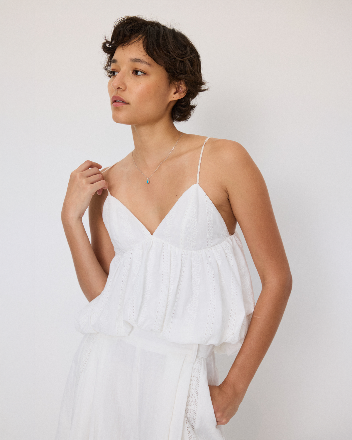 EMBROIDERED BUBBLE TIE-STRAP CAMI