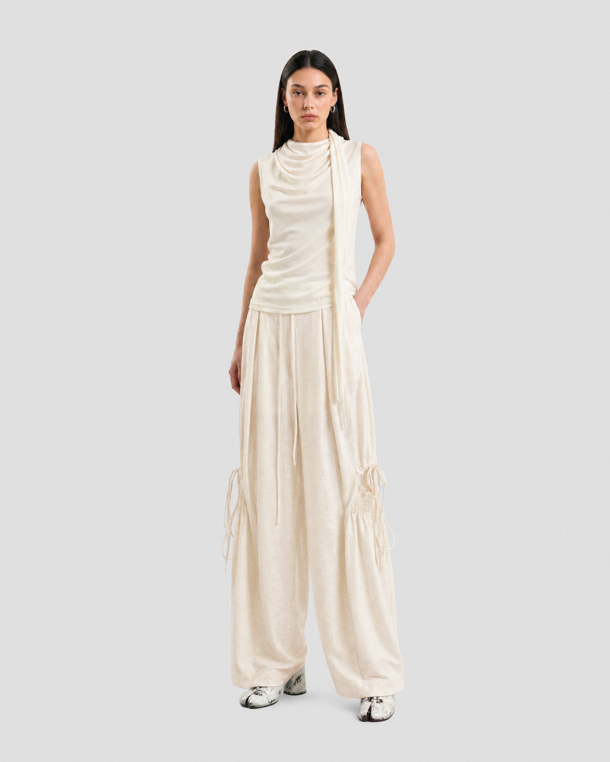 SATIN RUCHED LACE WORK PANTS