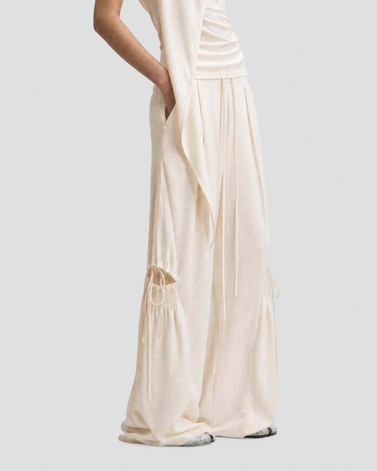 SATIN RUCHED LACE WORK PANTS