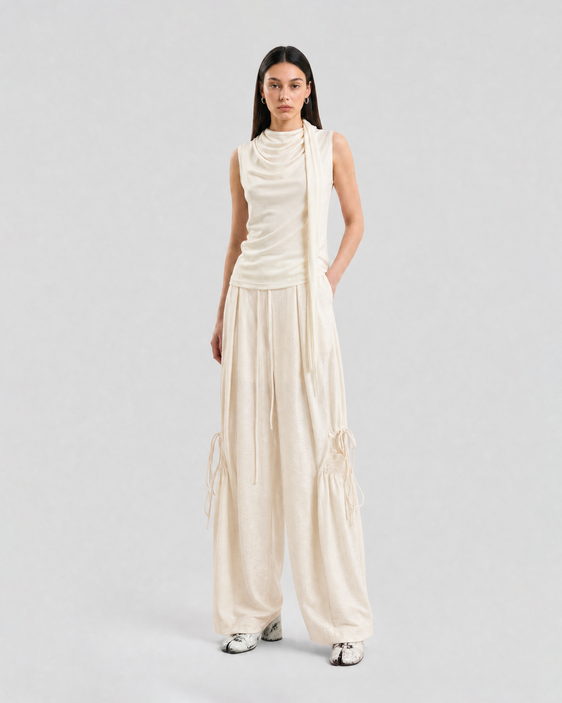 SATIN RUCHED LACE WORK PANTS
