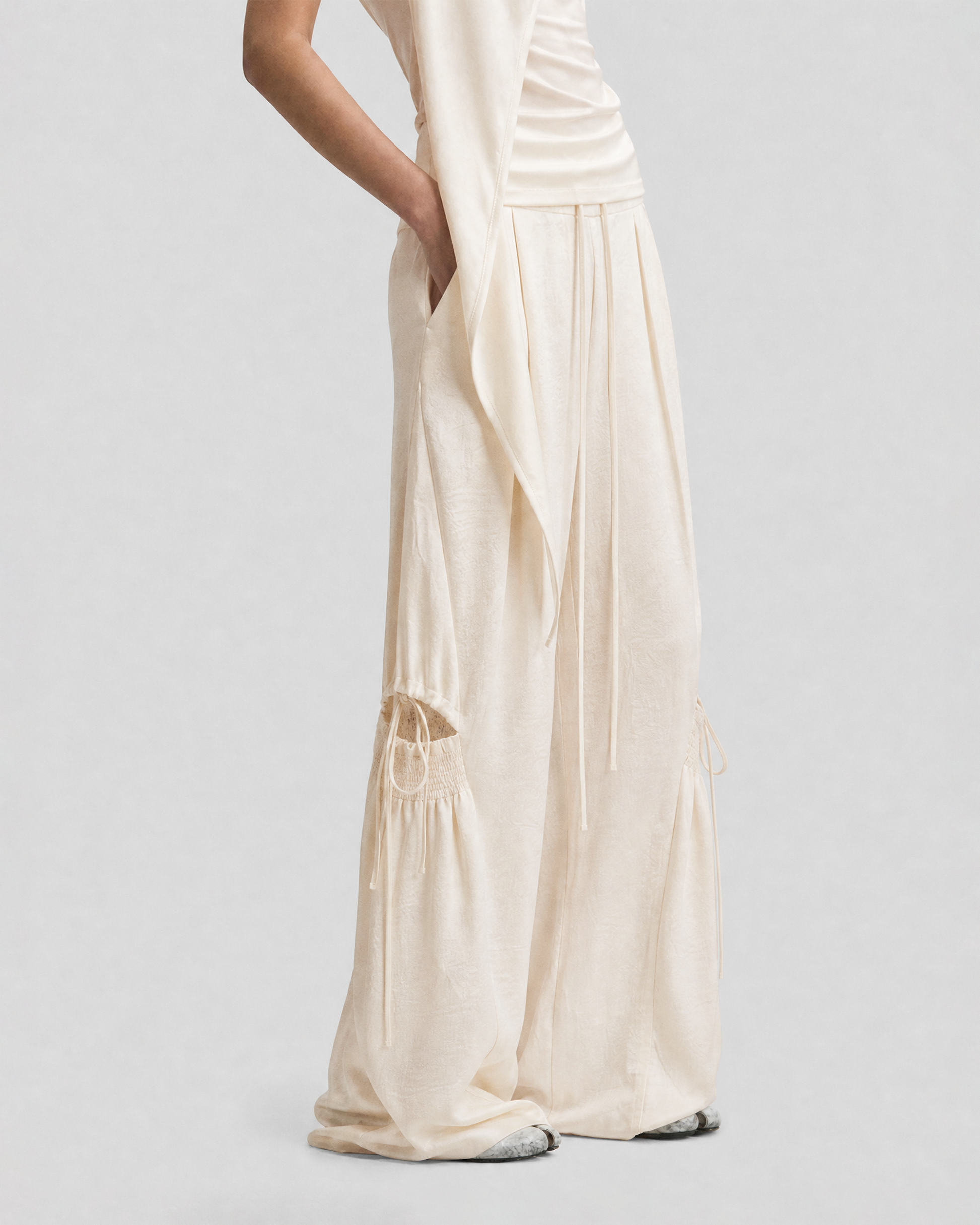 SATIN RUCHED LACE WORK PANTS