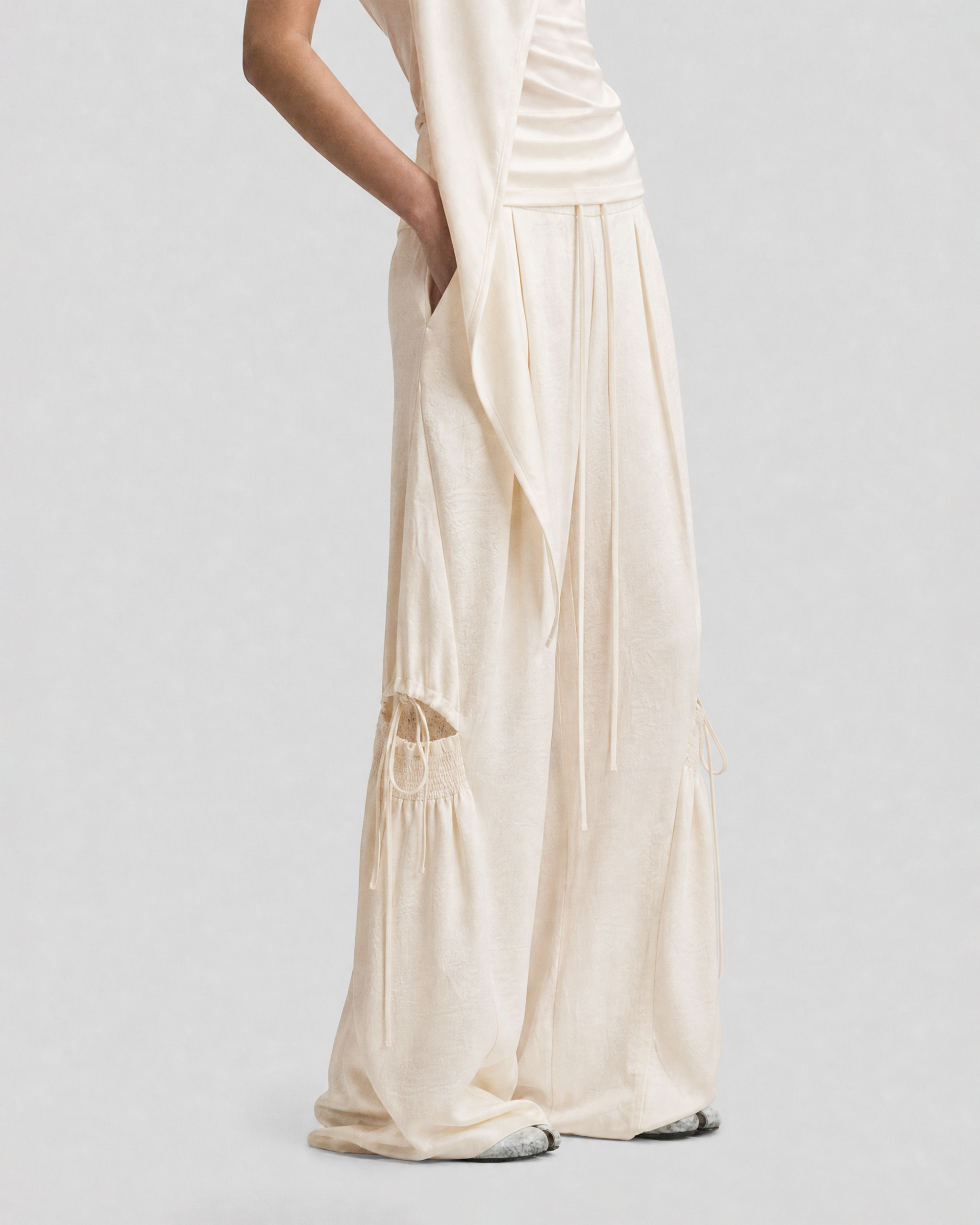 SATIN RUCHED LACE WORK PANTS